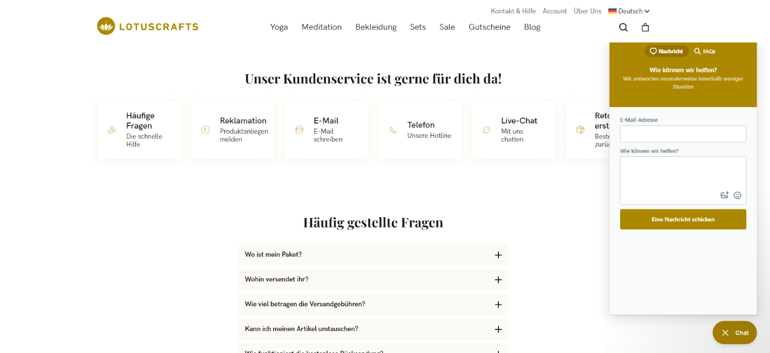 Gezeigt ist die FAQ-Seite von Lotuscrafts.
