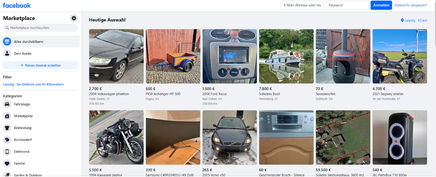 Gezeigt ist ein Screenshot der Facebook Marketplace Seite. Zu sehen sind unterschiedliche Produkte.