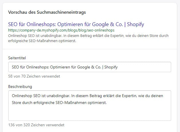 Meta-Titel und Beschreibung ändern bei Shopify ist hilfreich für SEO für Online-Shops.