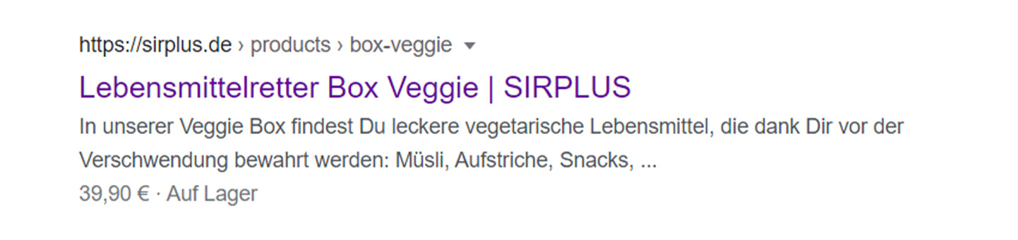 Der Suchmaschineneintrag von SIRPLUS mit der Meta-Beschreibung