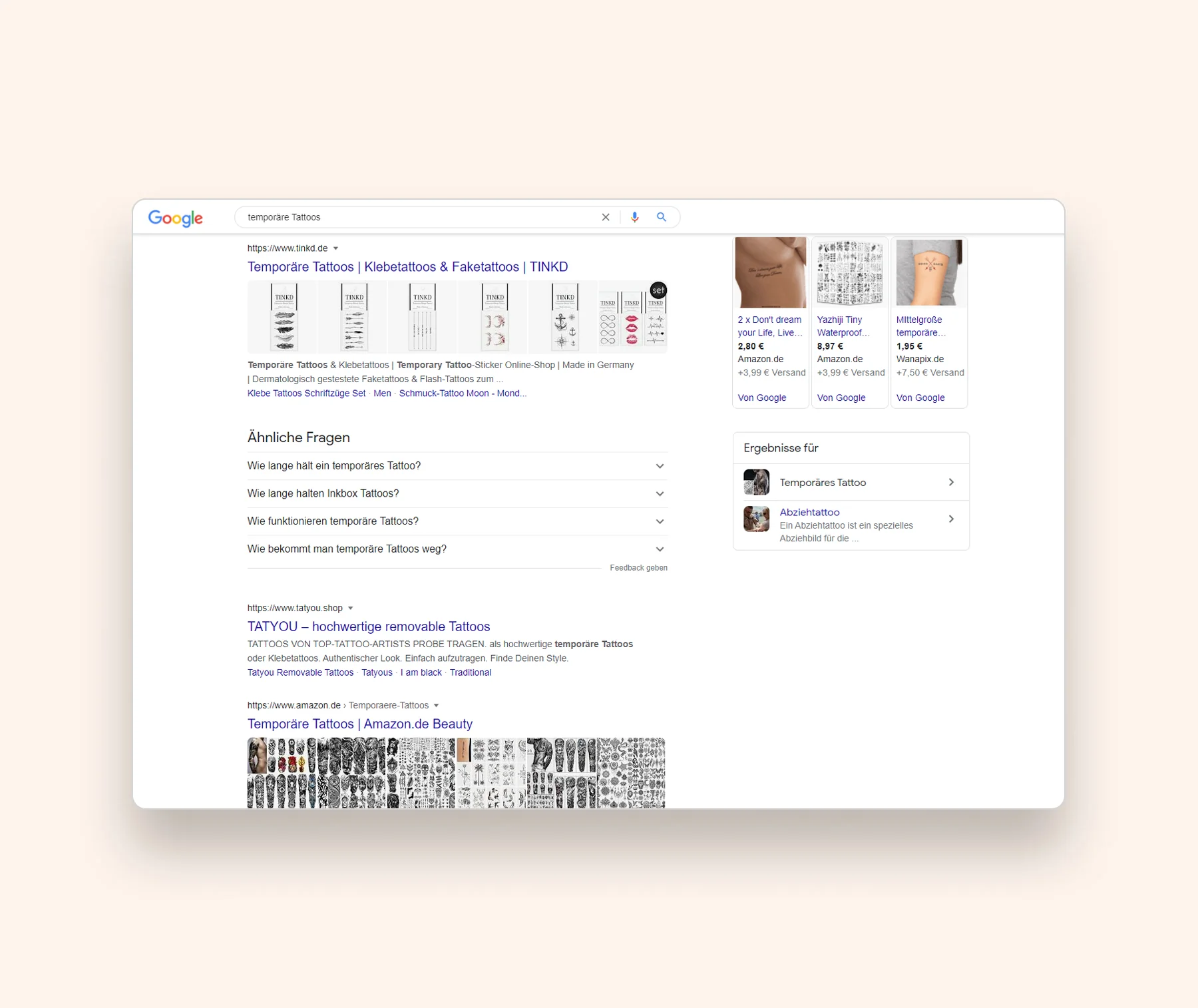 Anzeige der Suchergebnisse (SERP) für das Keyword "temporäre Tattoos" und deren Meta-Beschreibungen.