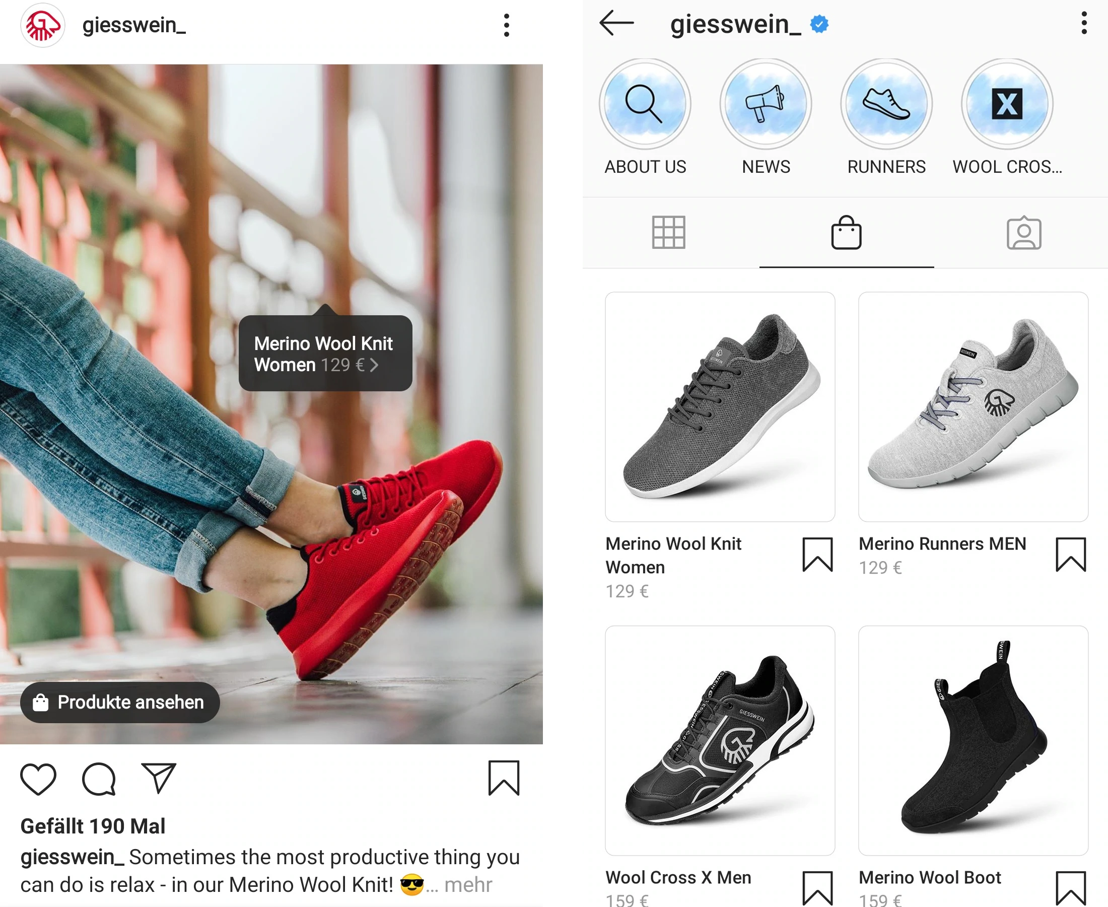 Das Foto zeigt den Instagram Kanal von Giesswein. Instagram Shop ist ein Absatzweg bei der Strategie des Multichannel Vertriebs.