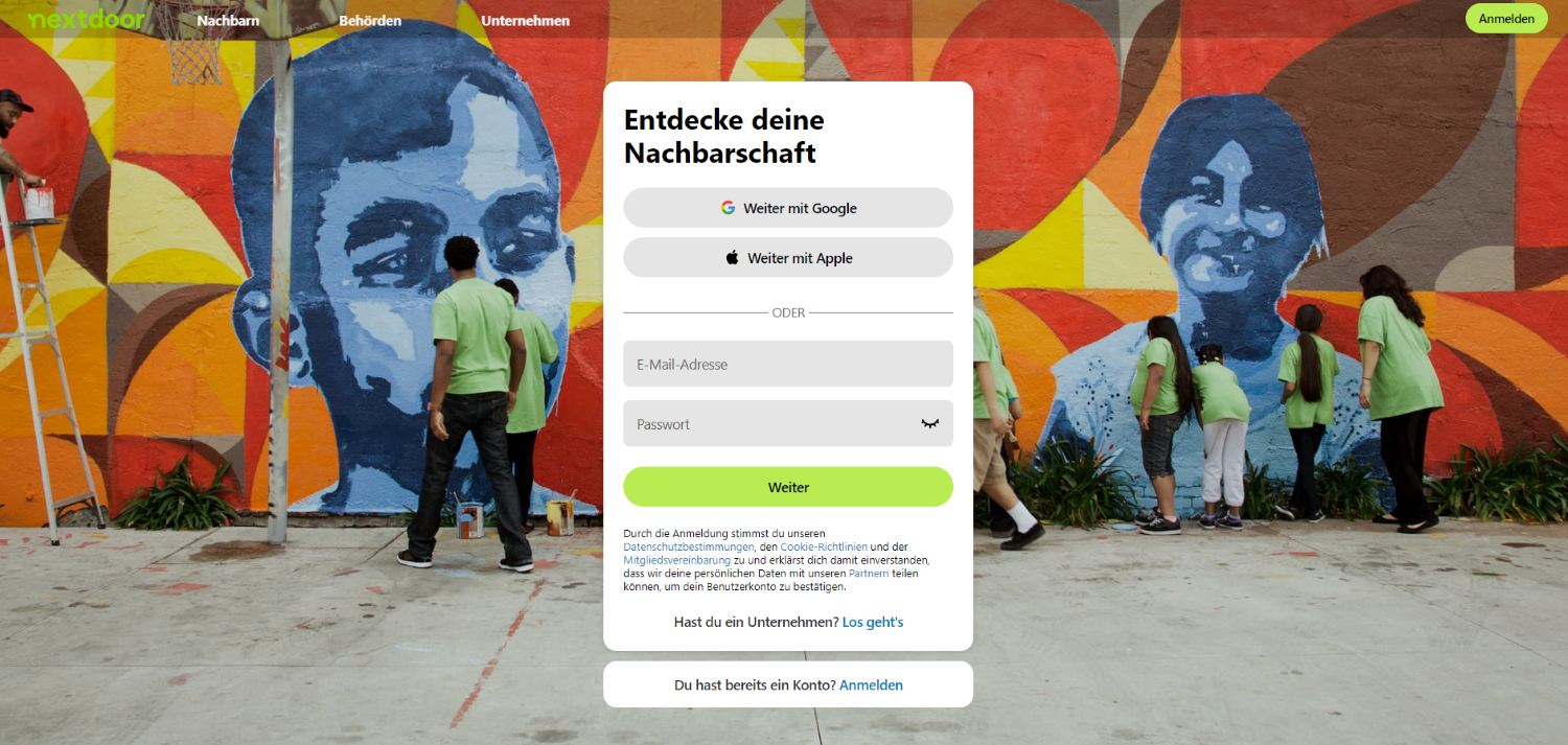 Zu sehen ist ein Screenshot der Nextdoor Website, auf der ein Anmeldeformular gezeigt wird.