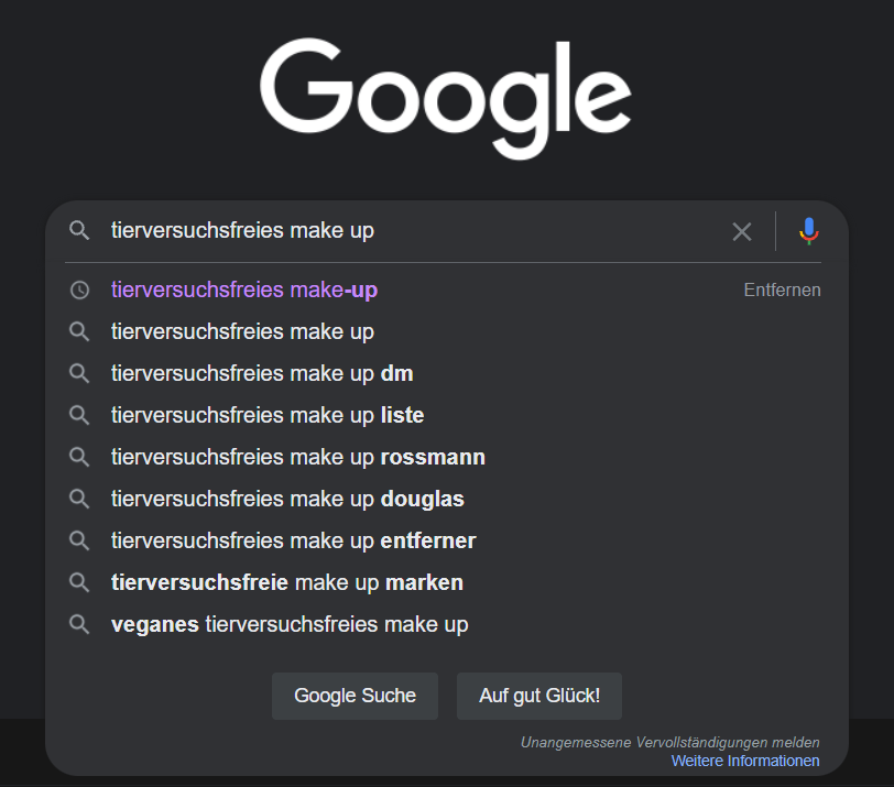 Google-Suchvorschläge für "tierversuchsfreies make up" als Nischenmarkt Inspiration