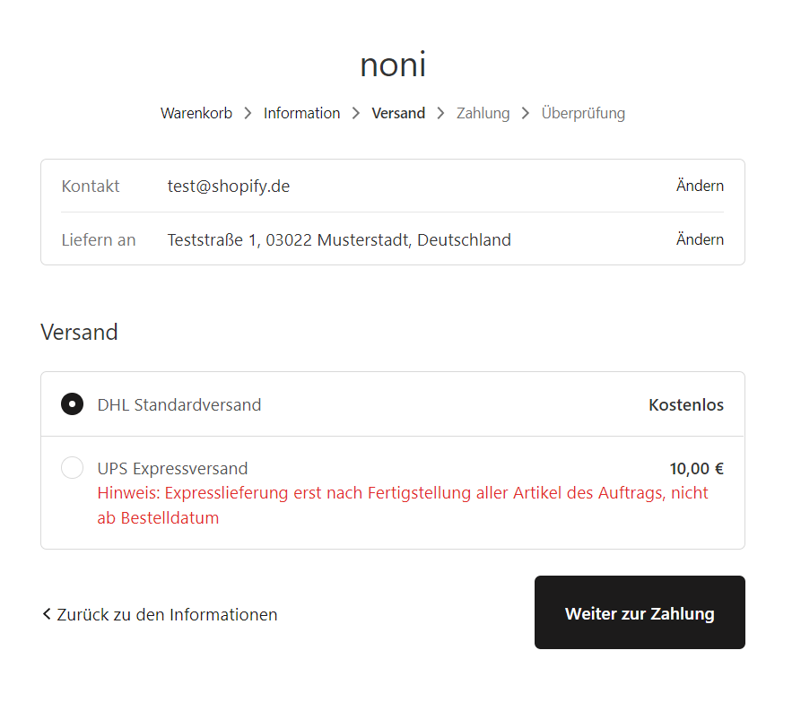 En Screenshot des Checkouts von NONI mit der Auswahl der Versandart und den Angaben zur Versanddauer