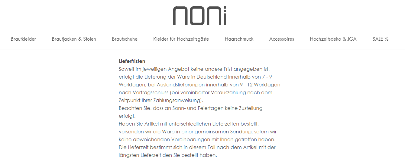 Ein Screenshot der Seite zu Lieferfristen und Versanddauer der Marke NONI