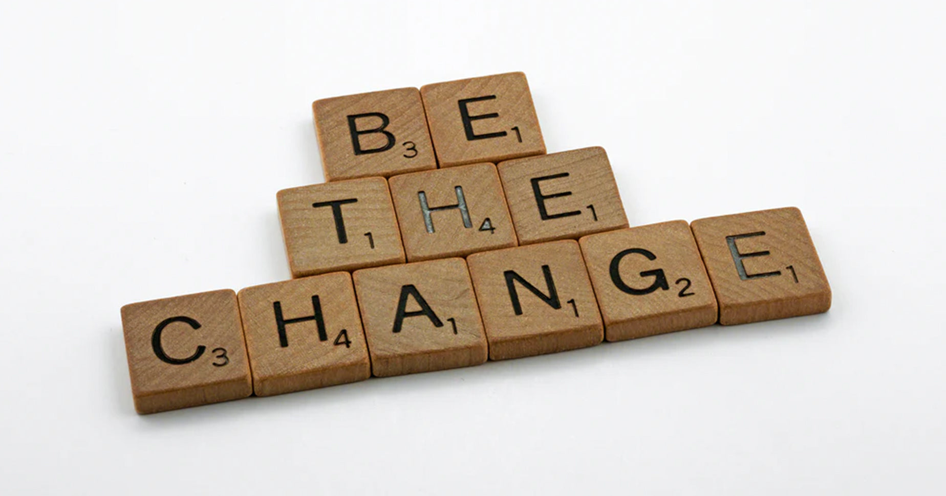 Schriftzug "BE THE CHANGE" gelegt aus Buchstabensteinen