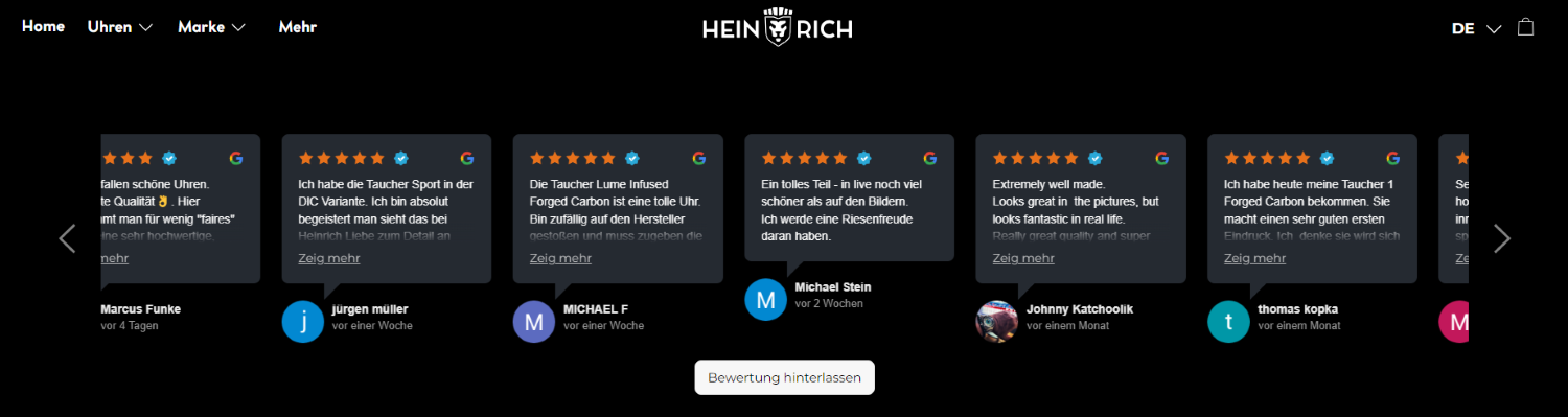 Zu sehen sind Kundenrezensionen auf der Website des Uhrenherstellers Heinrich.