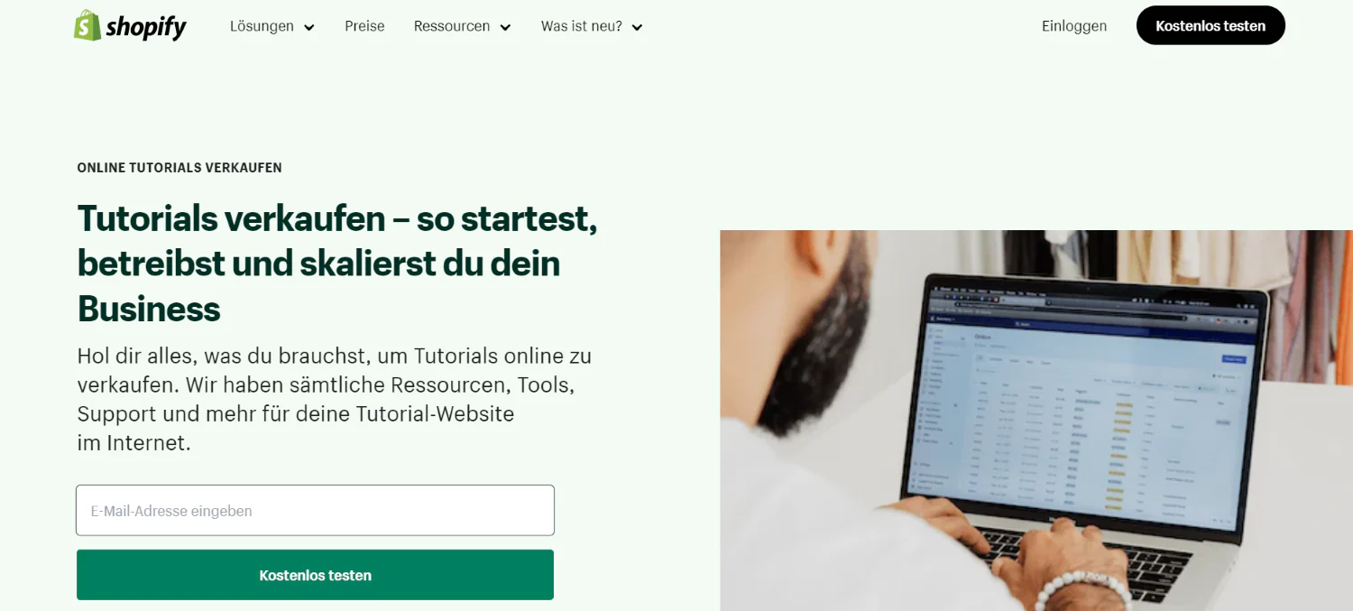 Gezeigt ist die Startseite von Shopify.