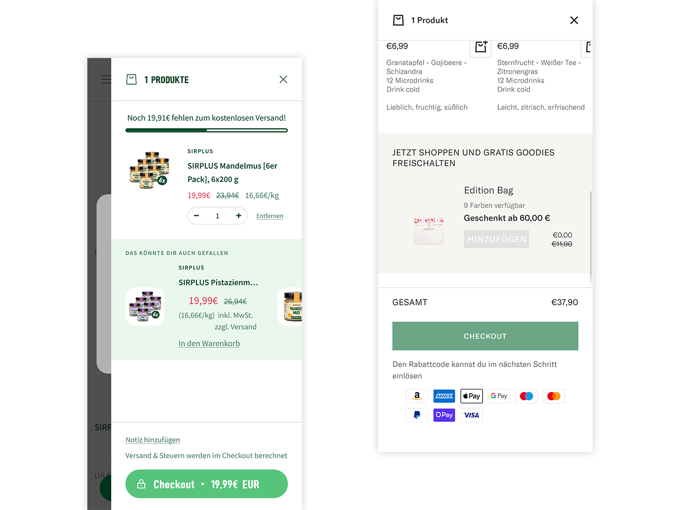 Onlineshop-Warenkorb - Screenshot der Checkout-Seiten der Unternehmen SIRPLUS und Waterdrop als Beispiel für Gutscheine und Rabatte