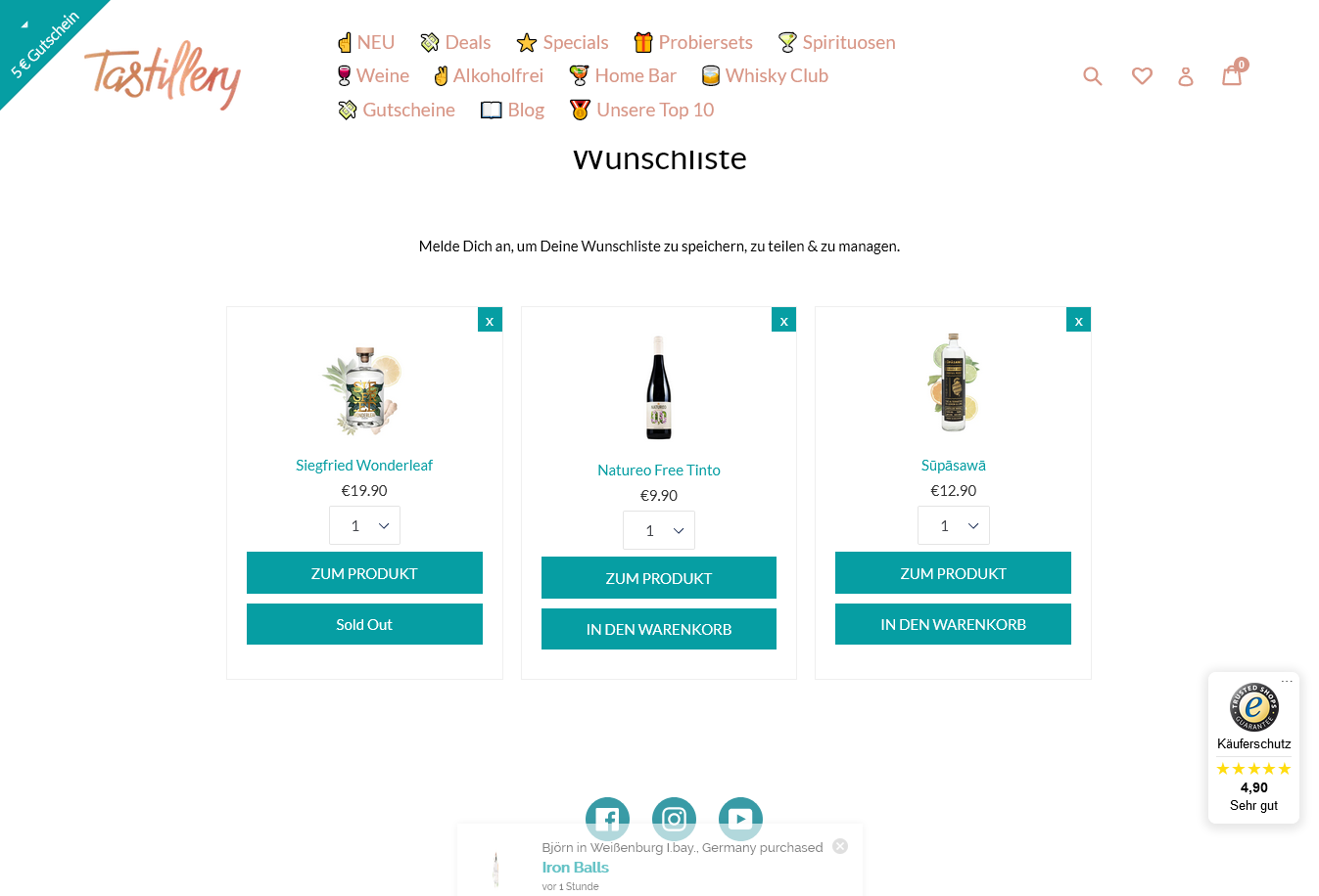 Onlineshop-Warenkorb - Screenshot Merkliste Tastillery