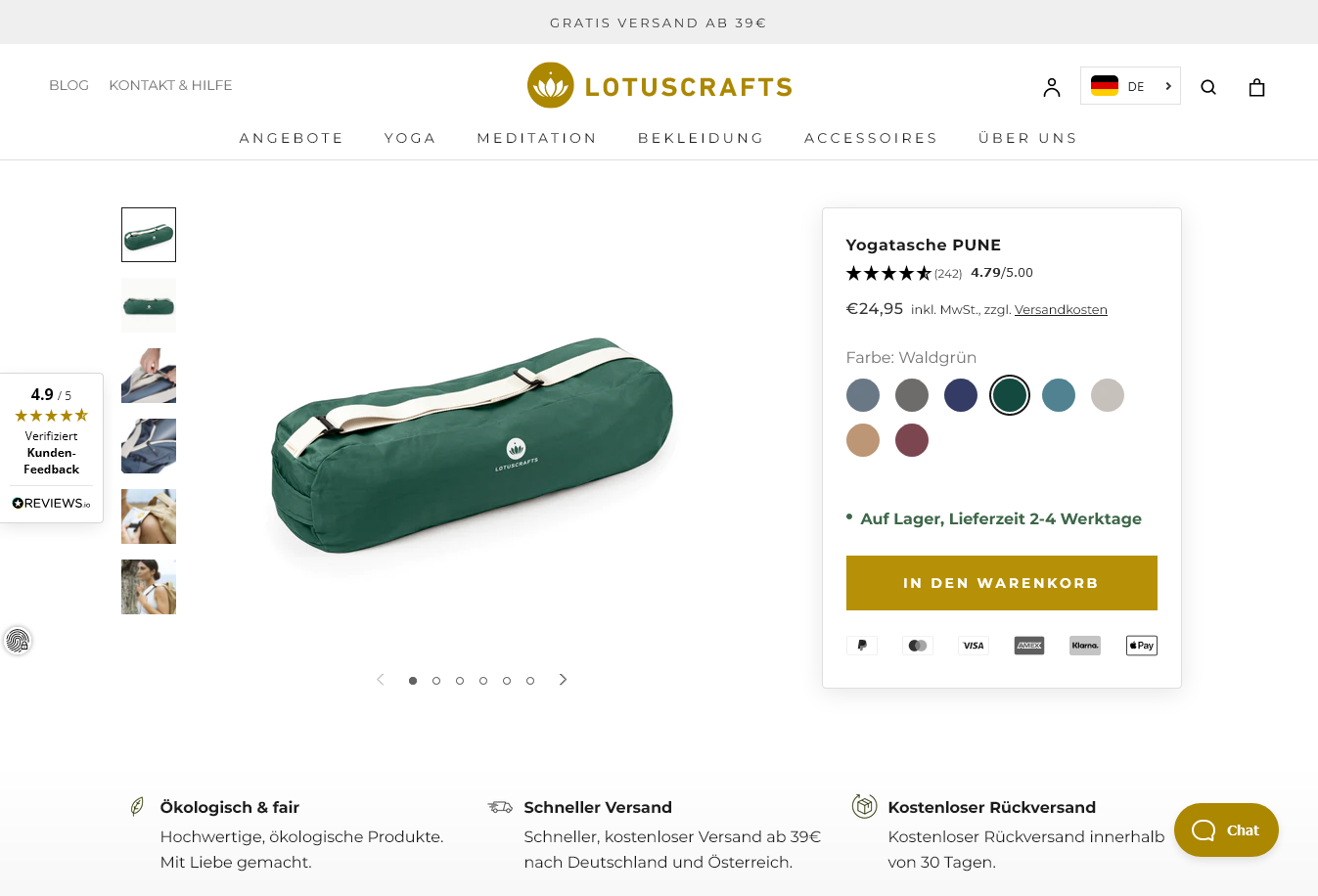 Onlineshop - Warenkorb - Screenshot des Warenkorbs des Unternehmens Lotuscrafts. Um Vertrauen aufzubauen, lohnt sich die Einbindung von Siegeln wie beispielsweise trusted shops.
