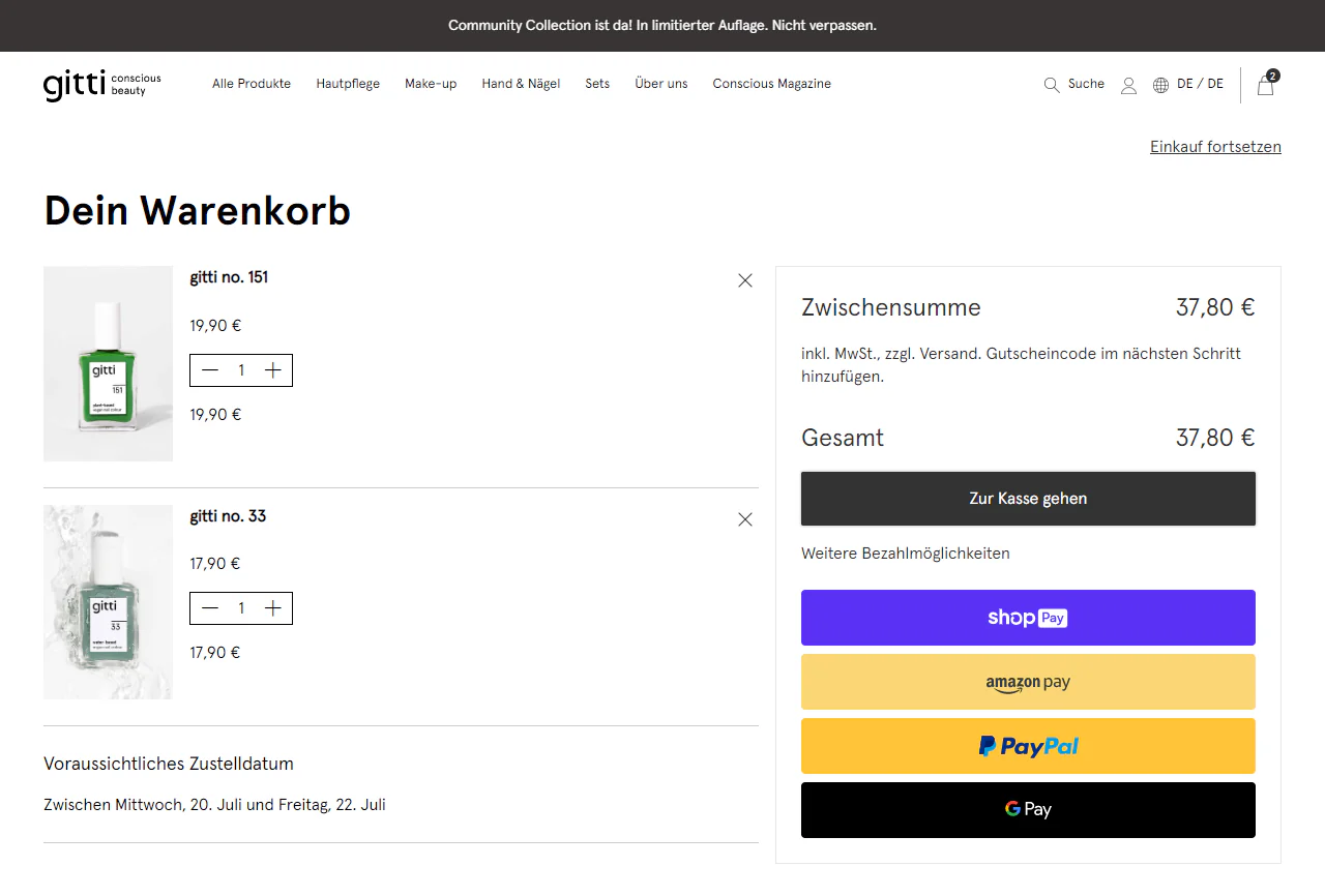 Onlineshop-Warenkorb - Screenshot der Warenkorbseite von Gitti als Beispiel für die Einbindung der richtigen Zahlungsmethoden