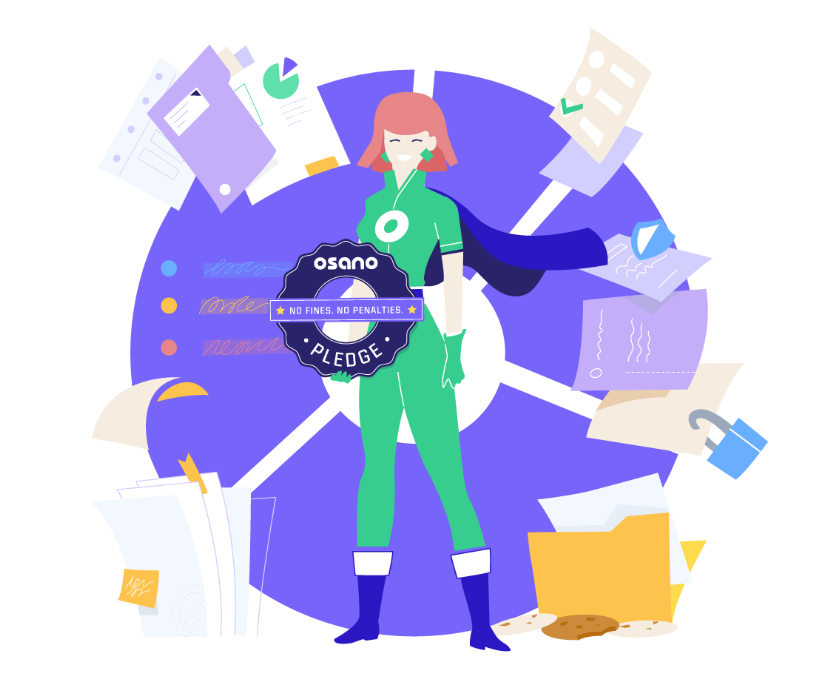 Darstellung einer Illustration von der Website osano.com. Eine Figur einer Frau in grünem Overall und blauem Cape trägt ein Siegel. Darauf steht "Osano Pledge. No Fines. No Penalties. 