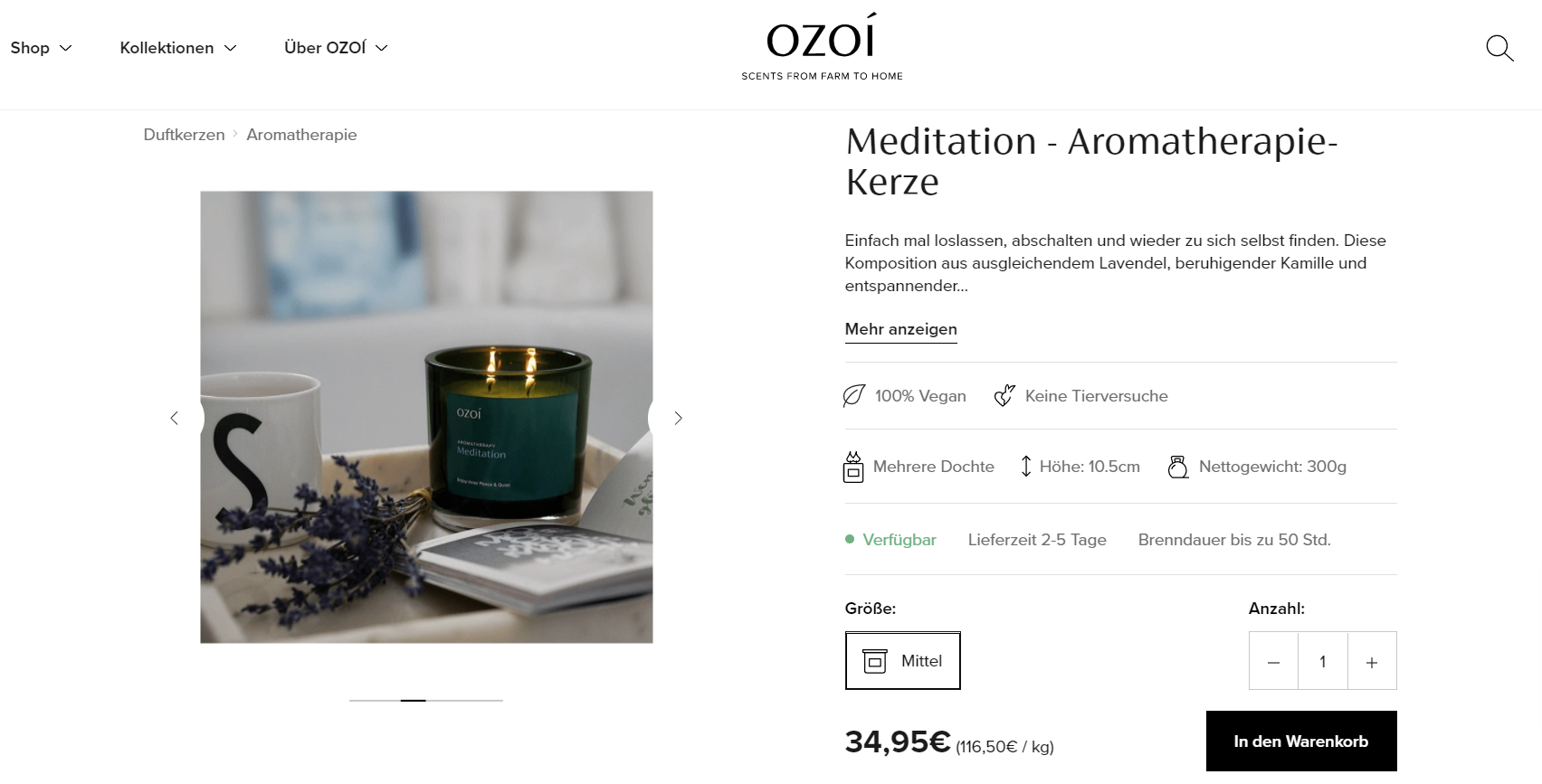 Ein Screenshot einer Produktseite der Kerzenmarke ozoi, die eine dunkelgrüne Meditationskerze verkauft