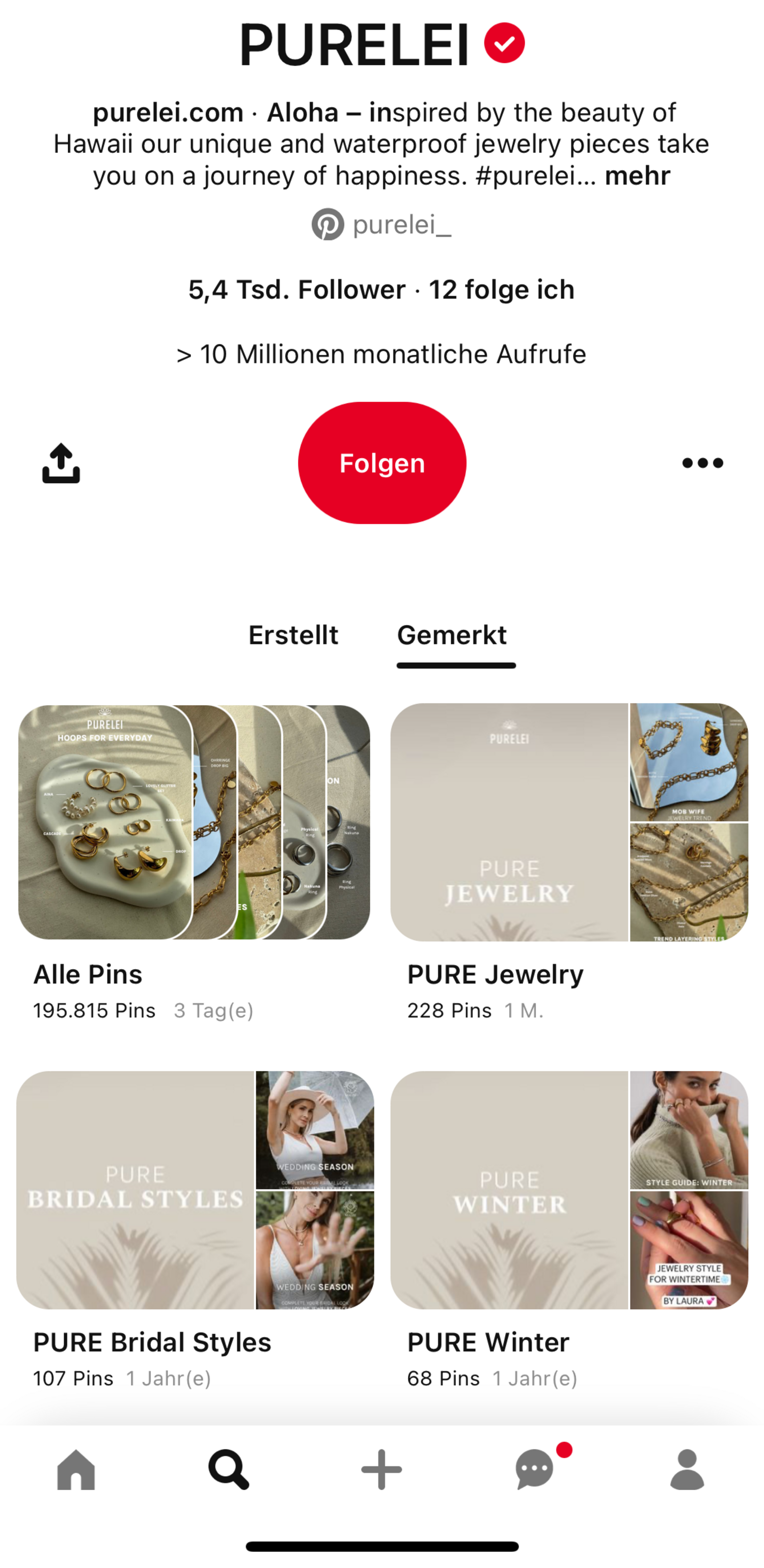Pinterest-Board der Shopify nutzenden Marke Purelei