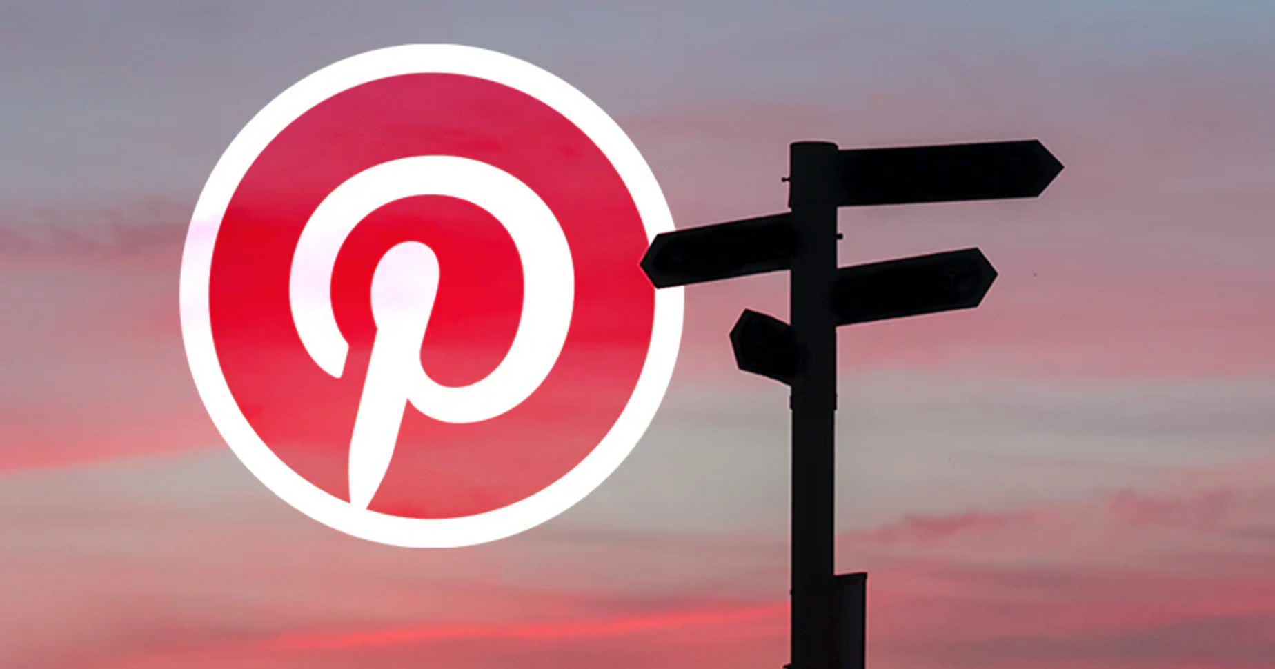Schilod mit Wegweiserpfeilen vor rosa-blauem Himmel mit Pinterest-Logo