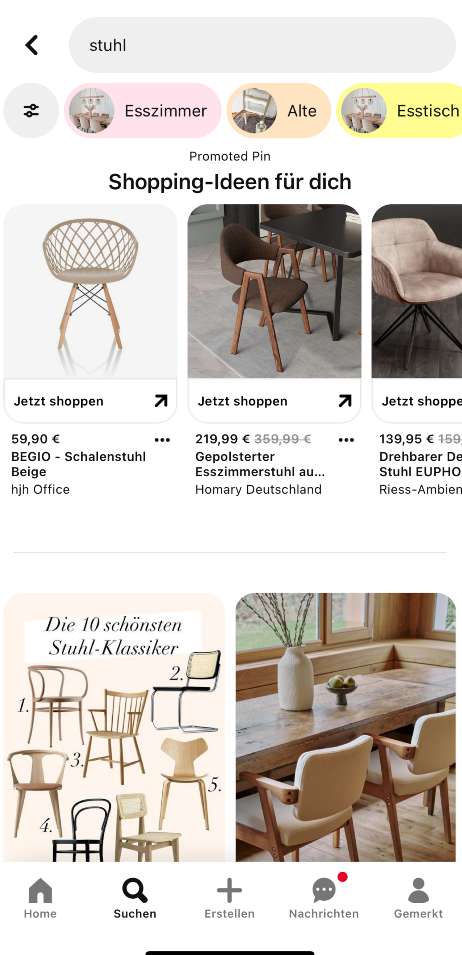 Screenshot des Pinterest-Feeds zur Suchanfrage "Stuhl"