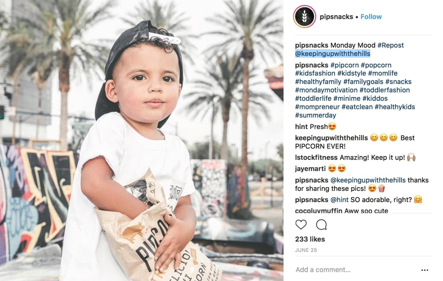 Der Screenshot eines Instagram-Posts des Unternehmens Pipcorn” der UGC zeigt.