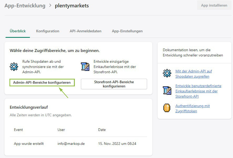 Im Shopify Backend App-Berechtigungen konfigurieren.