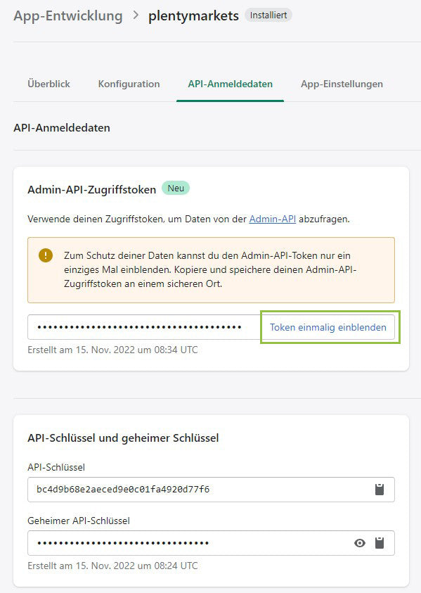 Im Shopify Backend Admin-API-Zugriffstoken abrufen.