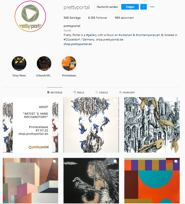 Das Instagram Profil von Pretty Portal. Die Plattform nutzt die Galerie, um seine Kunst online zu verkaufen.     