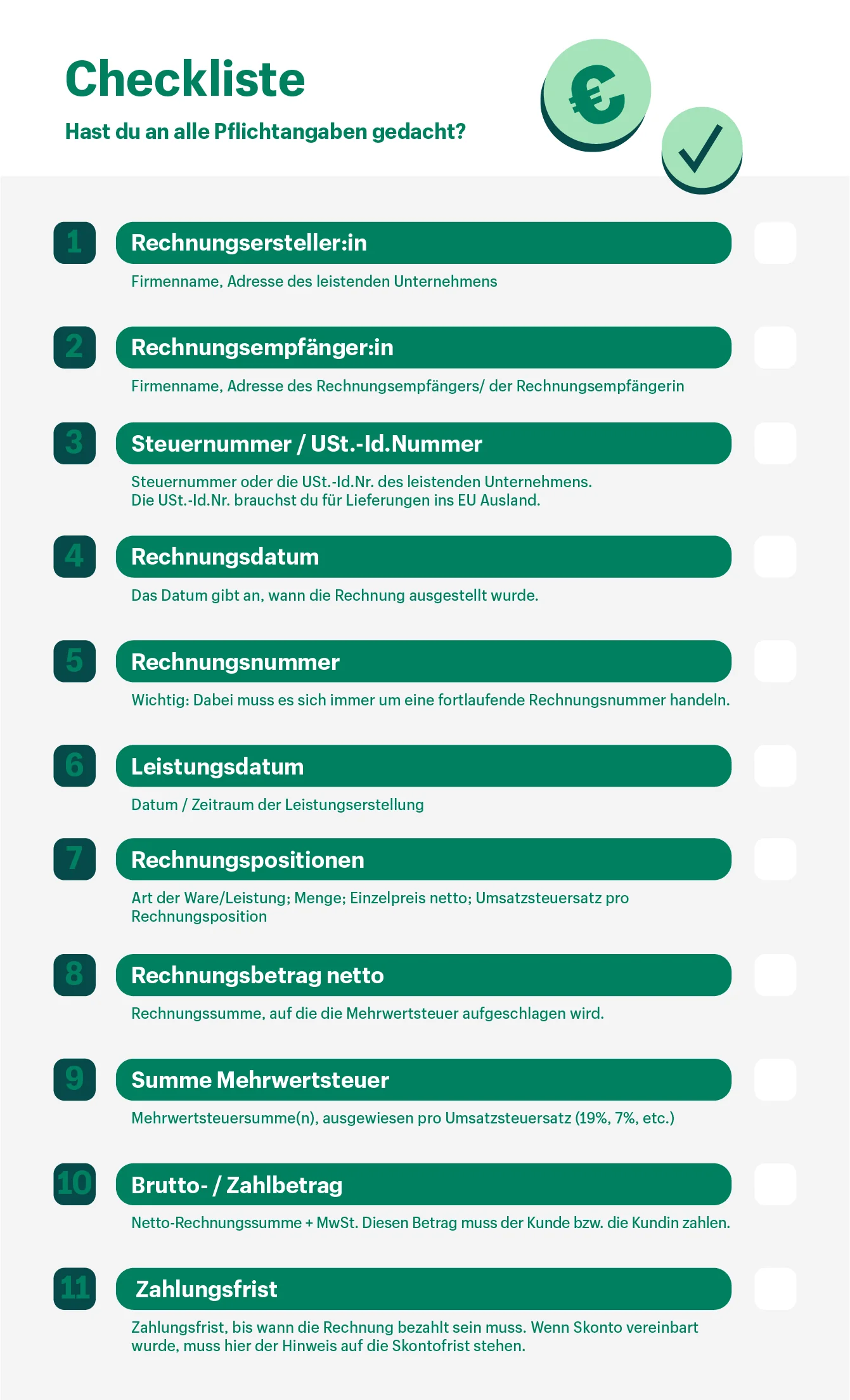 Eine Checkliste mit allen Pflichtangaben, die du beim Rechnung schreiben beachten solltest.