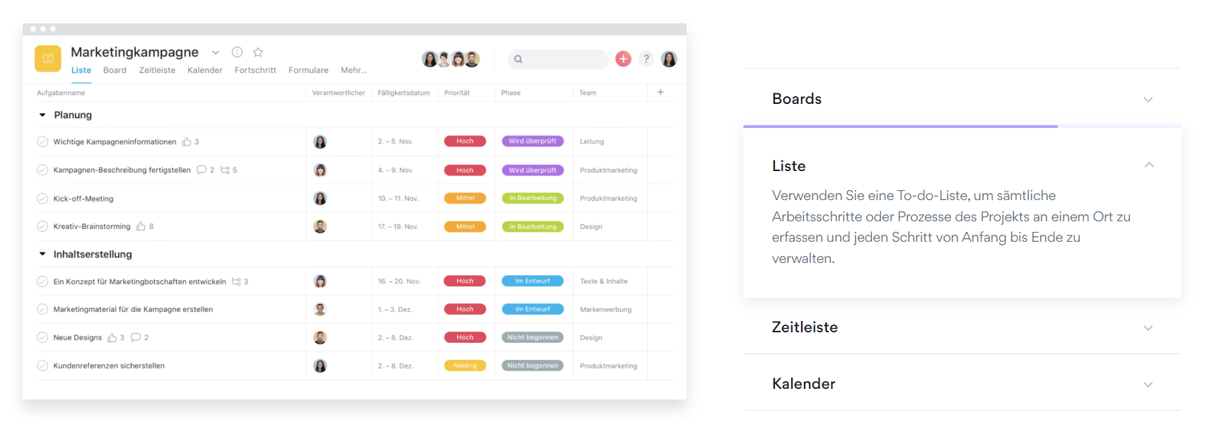 Screenshot der Homepage von Asana mit einer beispielhaften Darstellung einer Asana-Liste. Das umfangreiche Tool kann für die Erstellung eines Redaktionsplans nützlich sein.