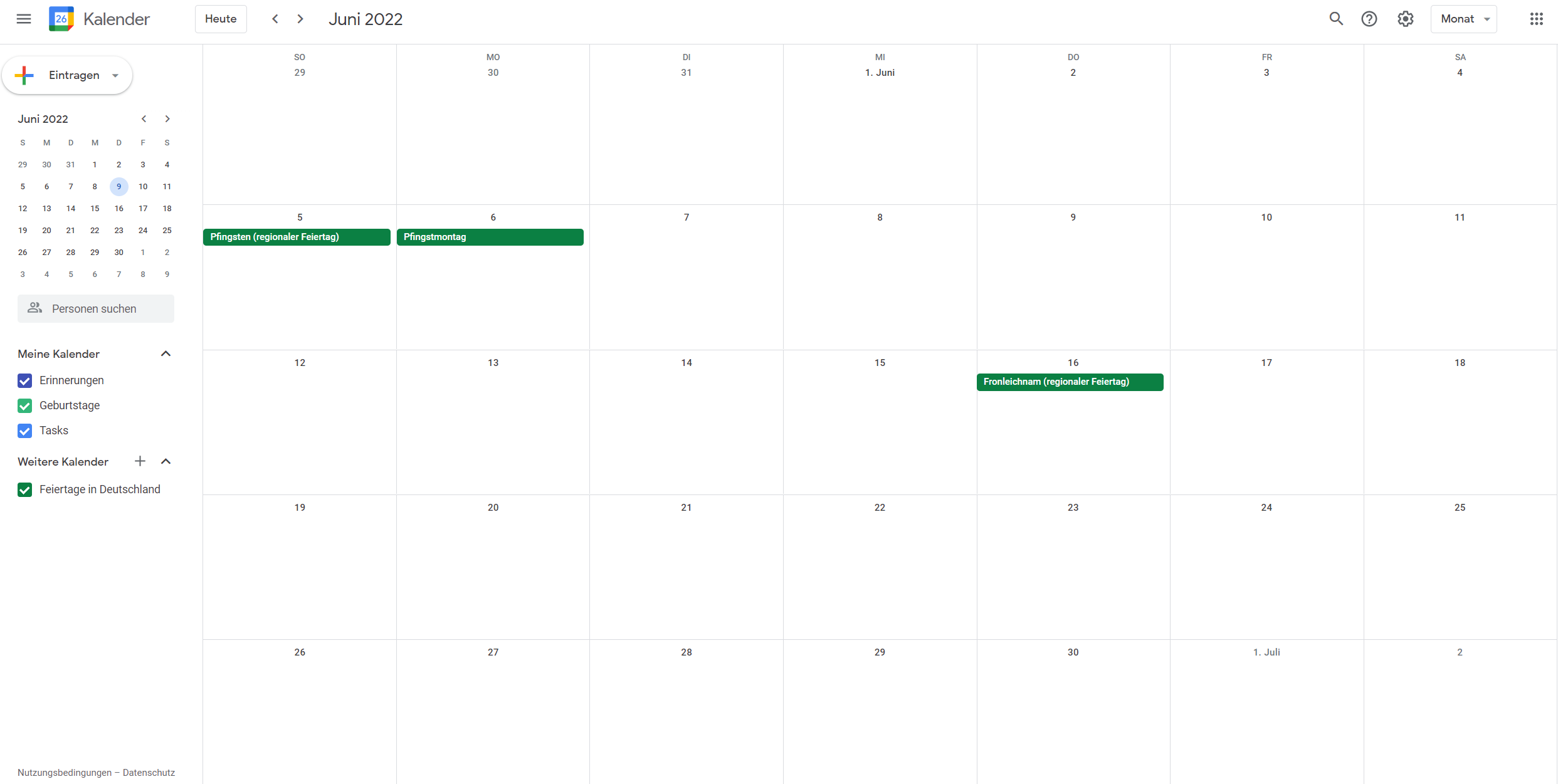 Screenshot des Kalenders für den Monat Juni 2022 von Google. Einen Redaktionsplan erstellen, kannst du ganz einfach mit den kostenlosen Google-Tools.