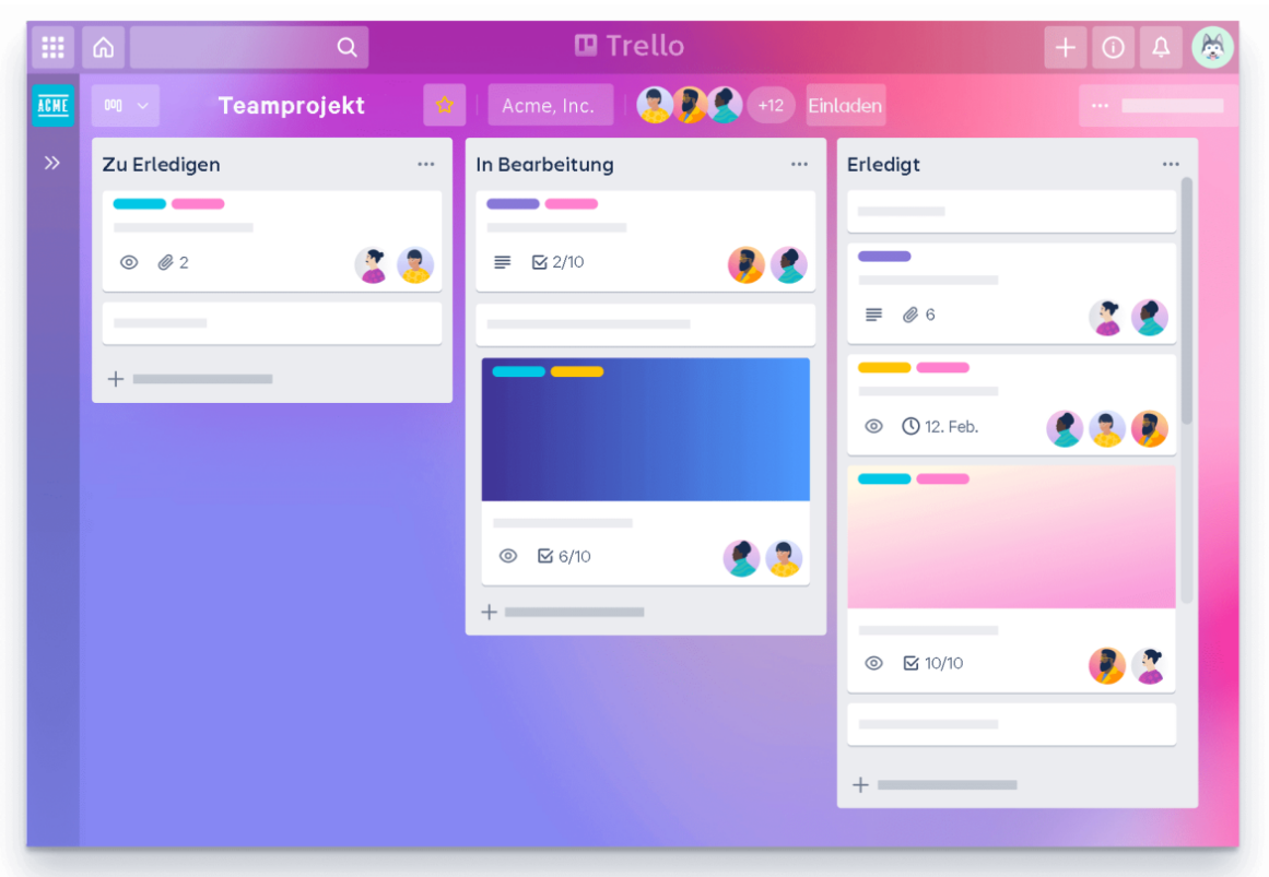 Screenshot der Homepage von Trello mit einer beispielhaften Darstellung eines Trello-Boards. Trello ist ein Tool, dass dir dabei hilft, einen Redaktionsplan zu erstellen.