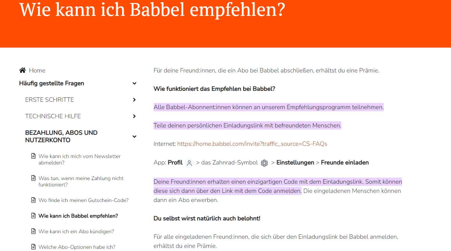 Der Screenshot zeigt, wie das Referral-Programm von Babbel funktioniert.