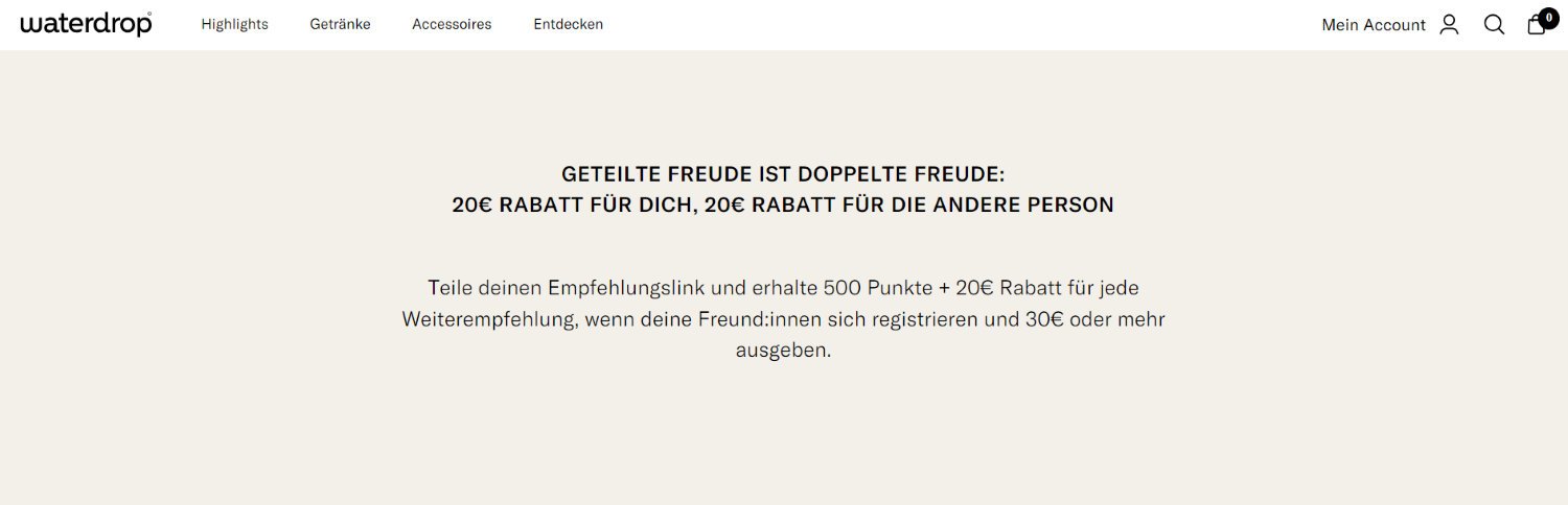 Der Screenshot zeigt das Empfehlungsprogramm des Unternehmens waterdrop.