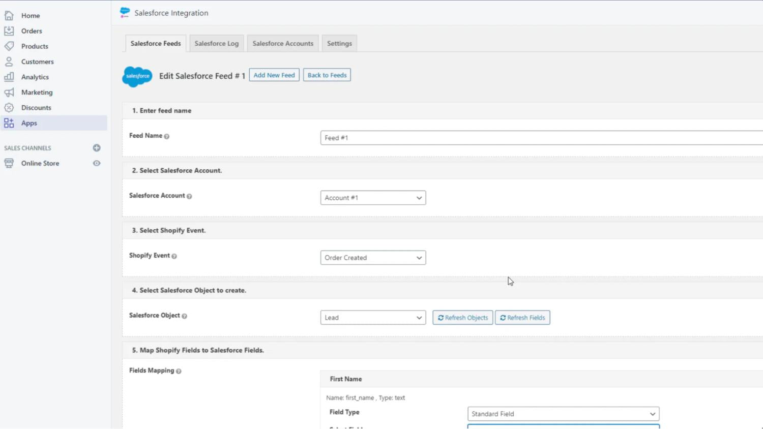 Einstellungen der Salesforce-Integration in Shopify, die die Feed-Konfiguration mit zugeordneten Feldern zeigen.