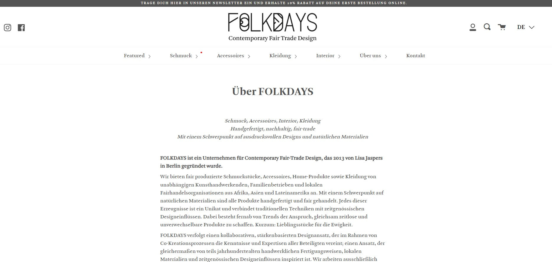 Screenshot der Über-uns-Seite von Folkdays. Eine Starke Marke ist unverzichtbar, wenn du eigenen Schmuck herstellen lassen und verkaufen willst!