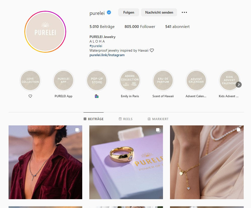 PURELEI auf Instagram. Mit Erfolg Schmuck herstellen lassen und verkaufen funktioniert heutzutage am besten über die Kanäle, wo sich deine Zielgruppe aufhält. Social Media ist also ein Muss!