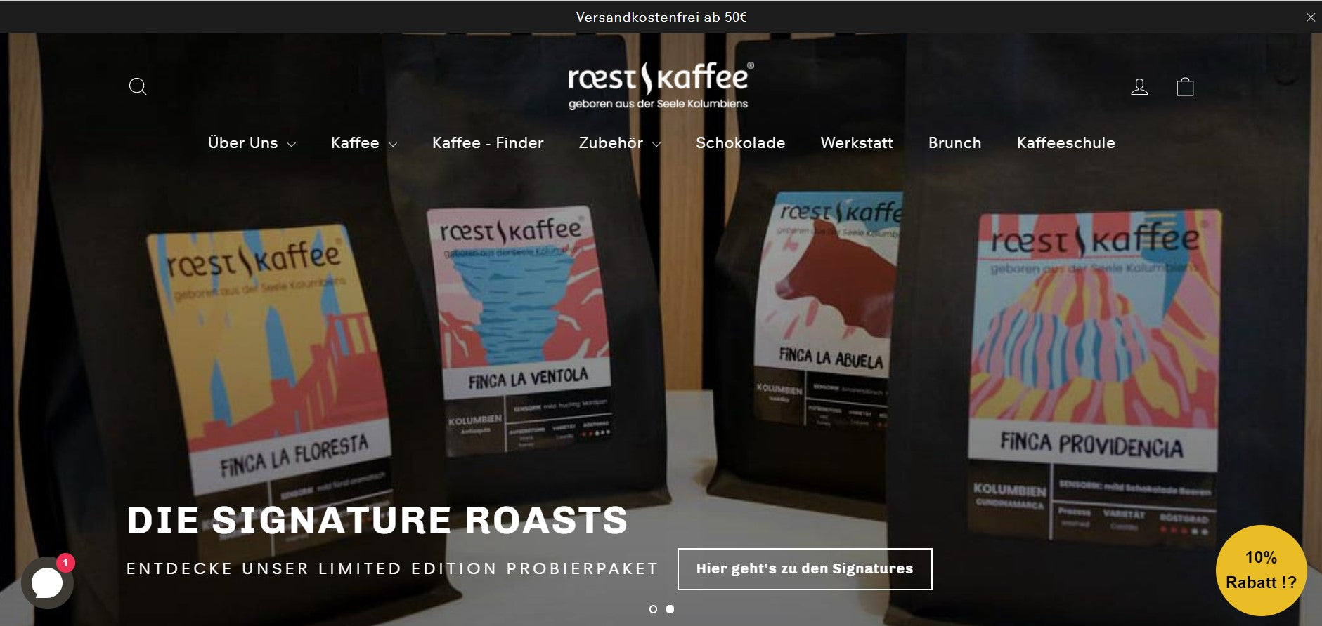 Screenshot der Homepage von Roestkaffee, die mit Kaffee-Abonnements erfolgreich sind. 