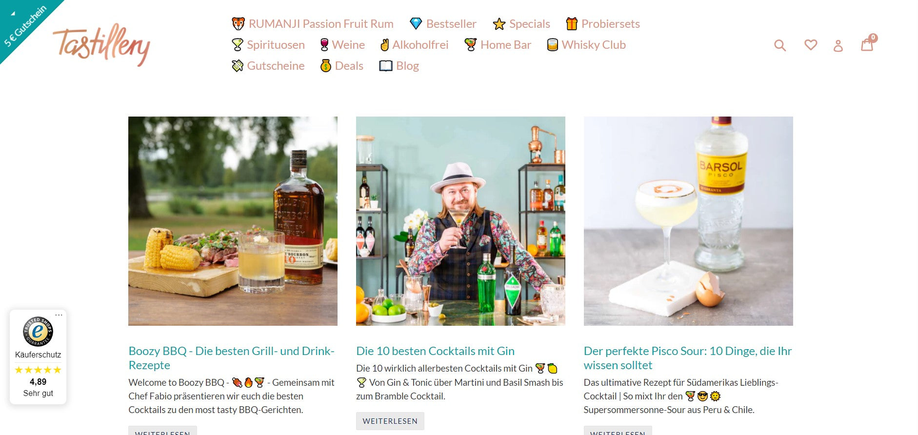 Screenshot der Blog-Übersicht von Tastillery mit allerlei Themen rund um das Thema Drinks.