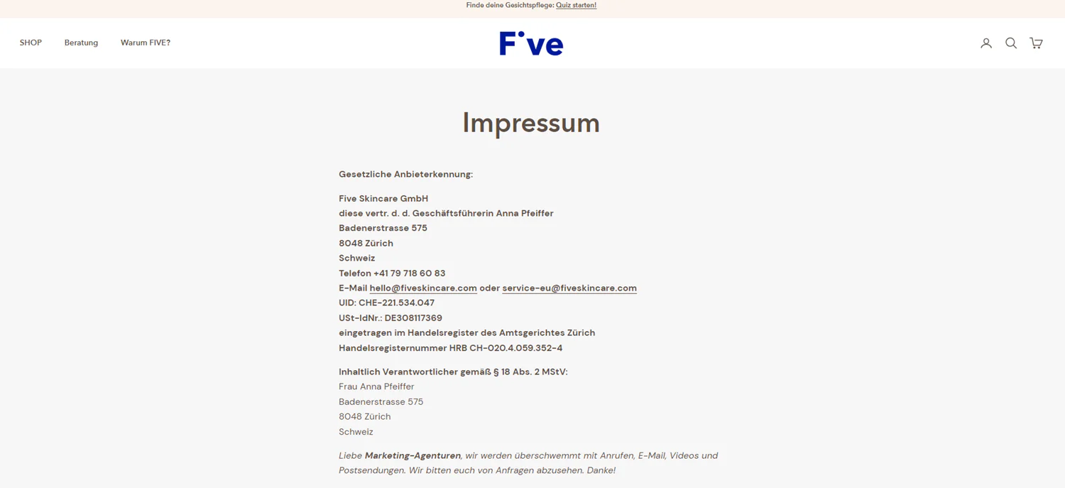 Screenshot des Impressums von Fiveskincare.