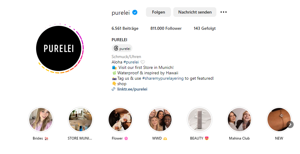 Screenshot der Instagram Highlights von Purelei.