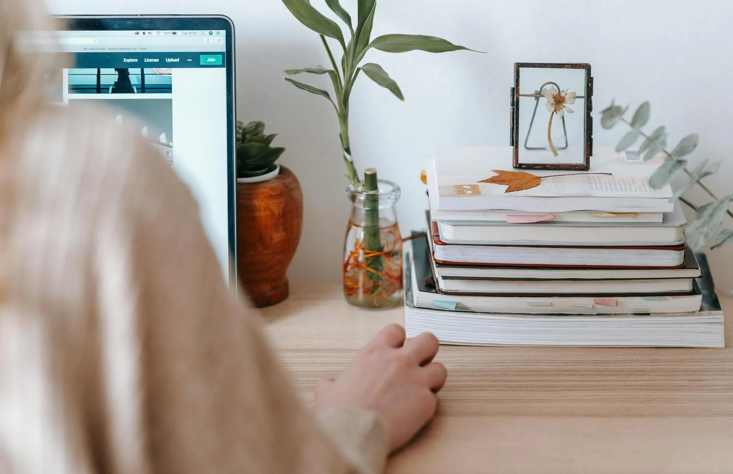 Frau an Schreibtisch mit Laptop, Pflanze und Unterlagen