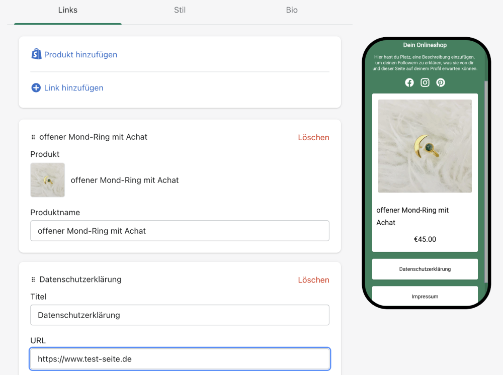 Das "Link-in-Bio"-Tool Linkpop von Shopify - Schritt 4: Hinzufügen von Produktlinks