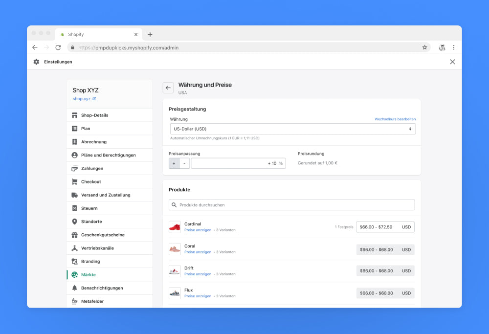 Der Screenshot zeigt, wie man mit Shopify Markets die Währung anpasst.