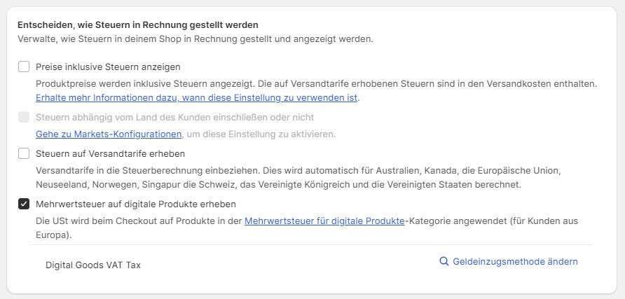 Dropshipping Steuern: Aktiviere “Mehrwertsteuer auf digitale Produkte erheben“