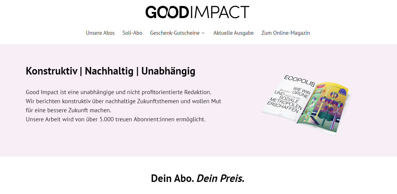 Die Startseite des Shops von Good Impact