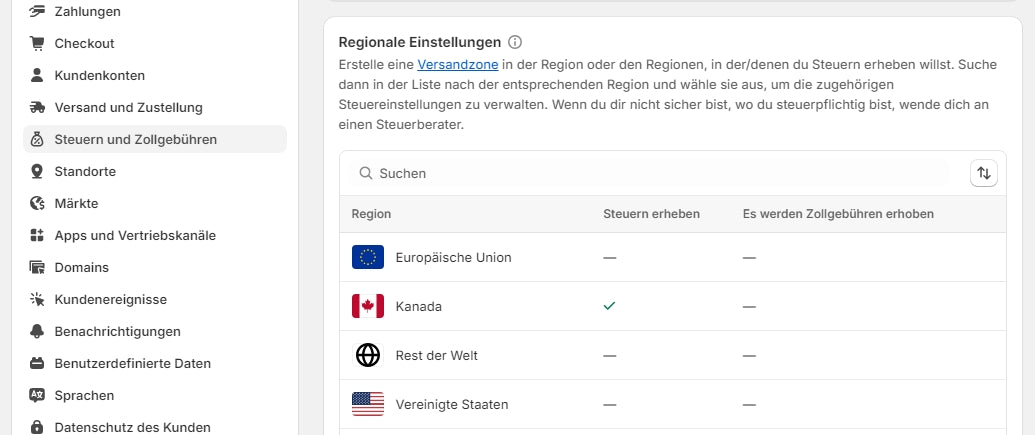 Shopify-Shop erstellen: Steuern verwalten