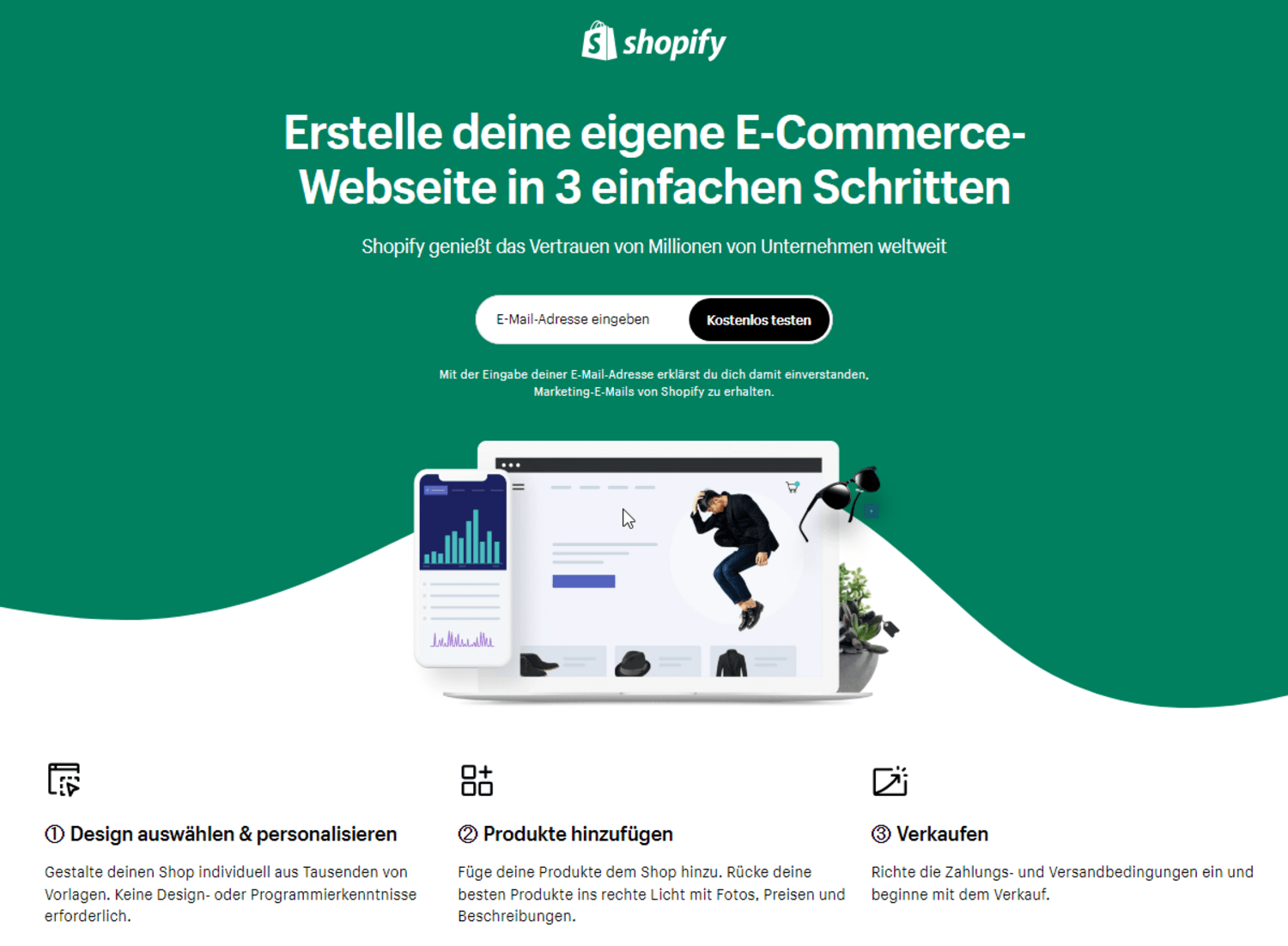 Screenshot der Shopify Website mit Werbetext und Abbildung eines Computers
