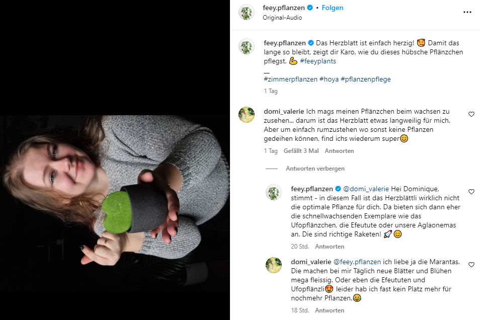 Ein Instagram Beitrag von feey, in dem das Unternehmen auf die Kommentare der Kundschaft eingeht.