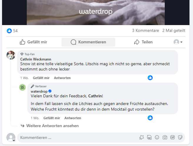 Ein Facebook Beitrag von waterdrop, in dem das Unternehmen einer Kundin auf ihr Feedback antwortet.