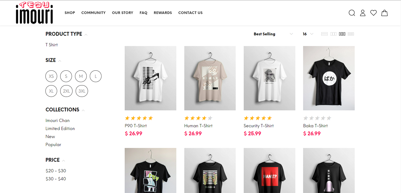 Screenshot der T-Shirt Kategorie des online T-Shirt-Business Imouri