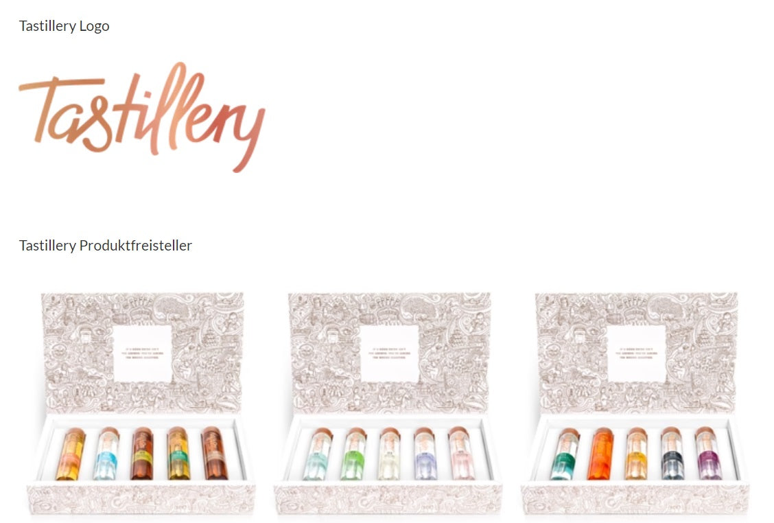 Auf diesem Screenshoot sind das Logo und einige freigestellte Produkte der Marke Tastillery zu sehen.